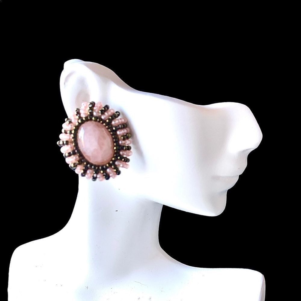 Vtg natural rose Quartz cab with pink and ab green glass beads round pierced